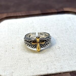 Silver and Gold Winged Cross Ring